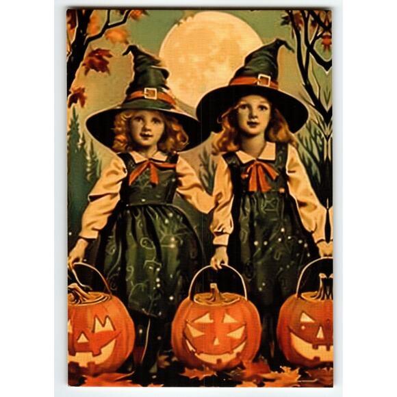 Vintage Halloween Postcard Two Girls in Witch Costumes with Pumpkins - Picture 1 of 2